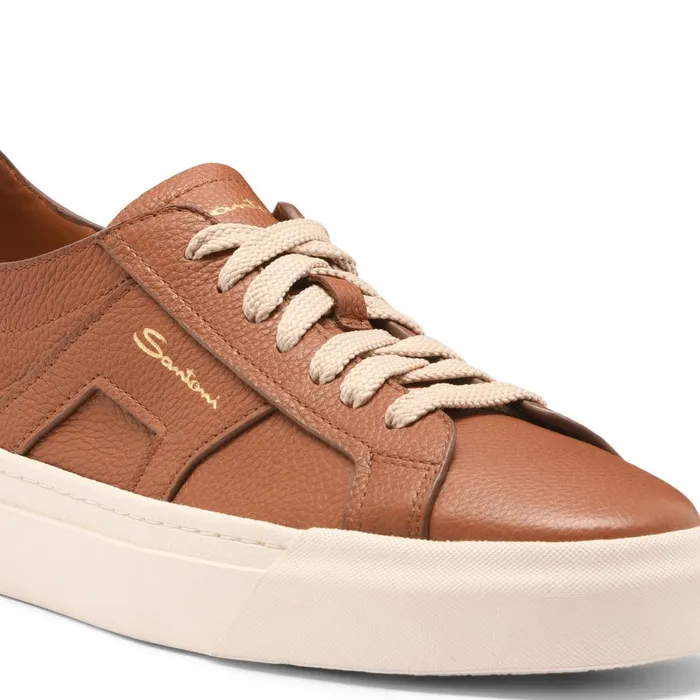 Women Brown Tumbled Leather Double Buckle Sneaker Santoni Sneakers