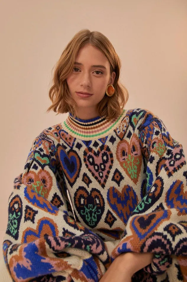 Women Cream Hearts Ikat Knit Sweater Hearts Ikat Cream FARM Rio Sweaters and Sweatshirts
