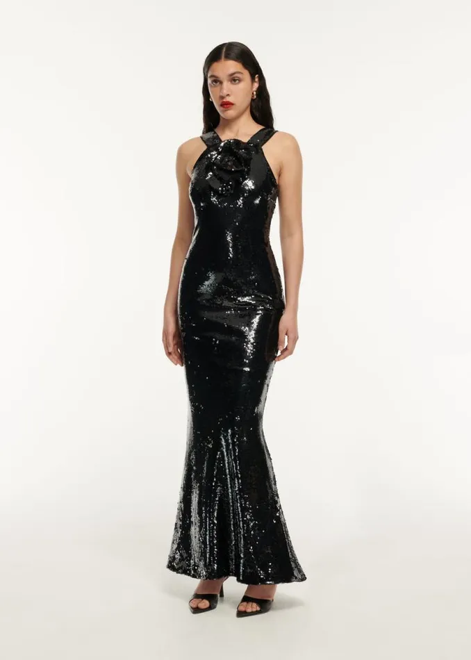 Women Dresses Roland Mouret Sequin Flower Drape Maxi Dress