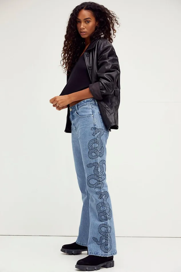 Women Flare Jeans Free People Side Snake Denim Flare Jeans Light Blue