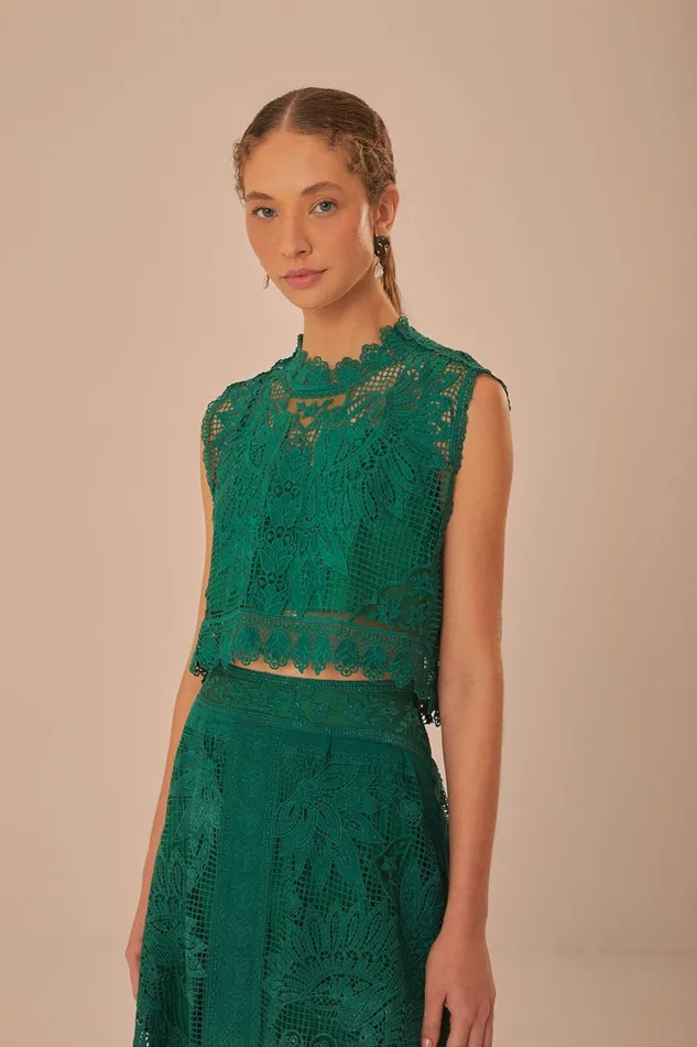 Women Green Toucans Guipure Sleeveless Top Green FARM Rio Crop Tops