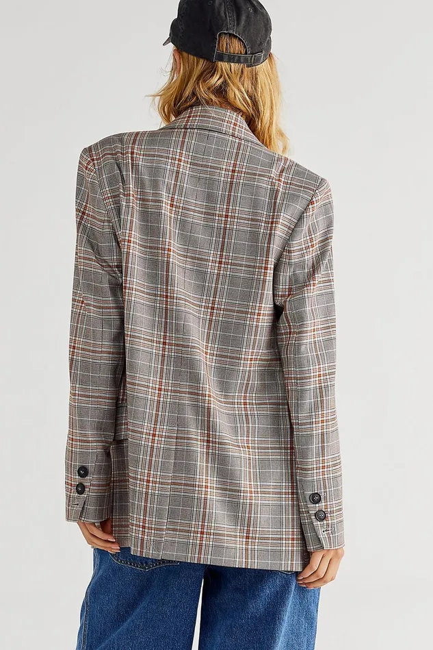Women Jackets Free People Ashby Blazer Sky Blue And Orange Plaid