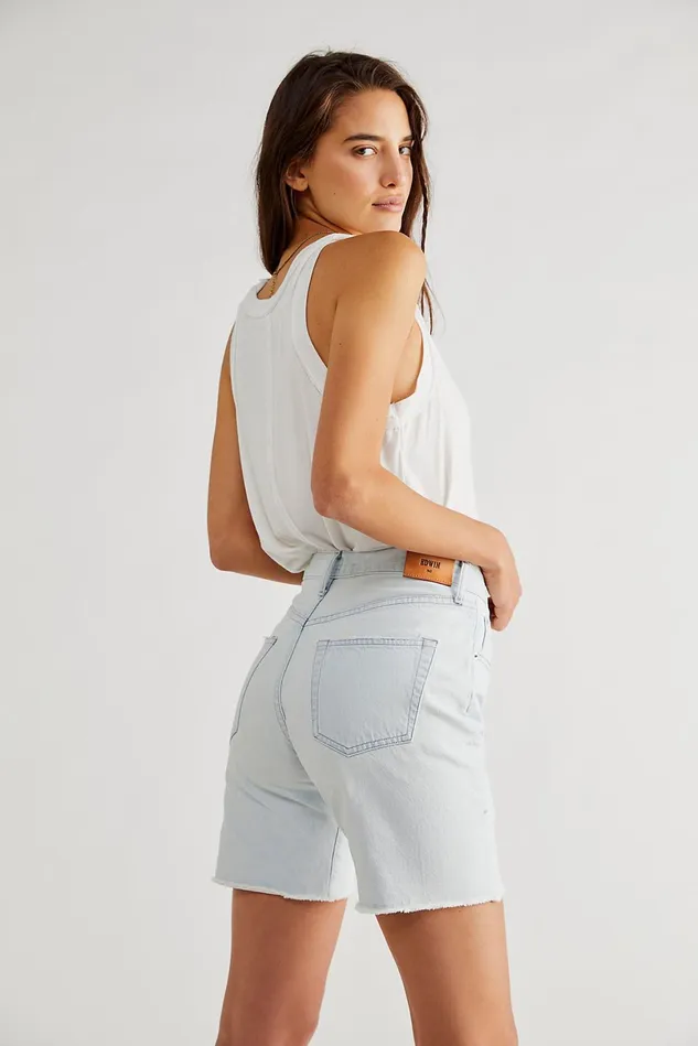 Women Jean Shorts Free People EDWIN Cai Mid Thigh Shorts Daydream
