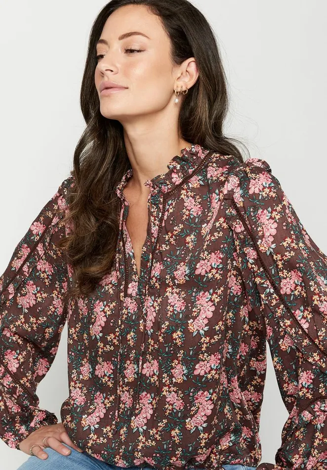 Women Lightweight Adeline TieNeck Blouse Chestnut Buffalo David Bitton Blouses Women Lightweight Adeline TieNeck Blouse Chestnut Buffalo David Bitton Blouses