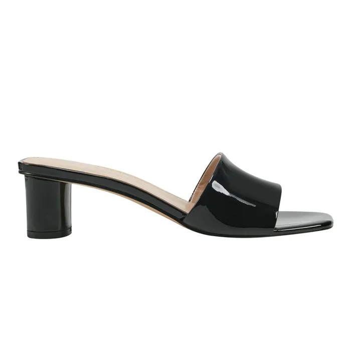 Women Nemmie Heeled Slide Sandal Black Patent Leather Marc Fisher Mules and Slides