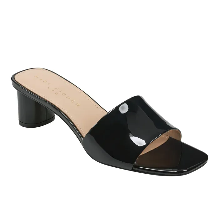 Women Nemmie Heeled Slide Sandal Black Patent Leather Marc Fisher Mules and Slides