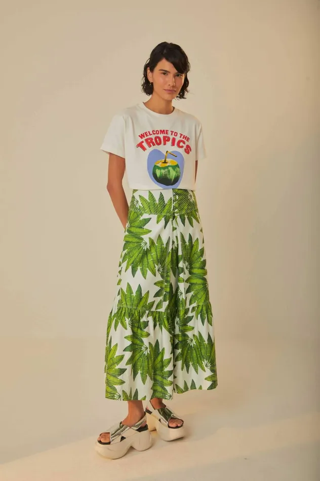 Women OffWhite Palm Fan Organic Cotton Maxi Skirt Palm Fan Offwhite FARM Rio Skirts