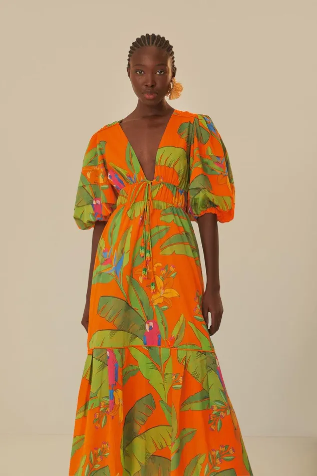 Women Orange Fresh Macaws Midi Dress Fresh Macaws Orange FARM Rio Midi Dresses