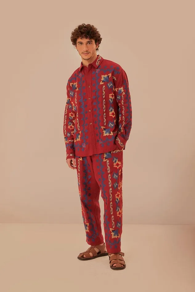 Women Red Floral Embroidery Jacquard Pants Burgundy FARM Rio Pants