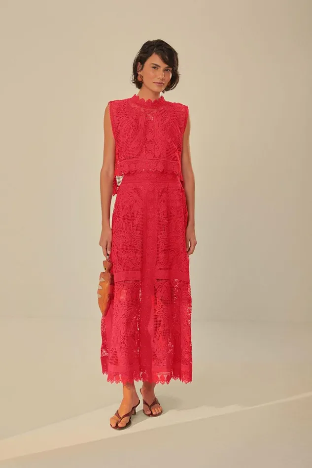 Women Red Toucan Guipure Midi Skirt Red FARM Rio Skirts