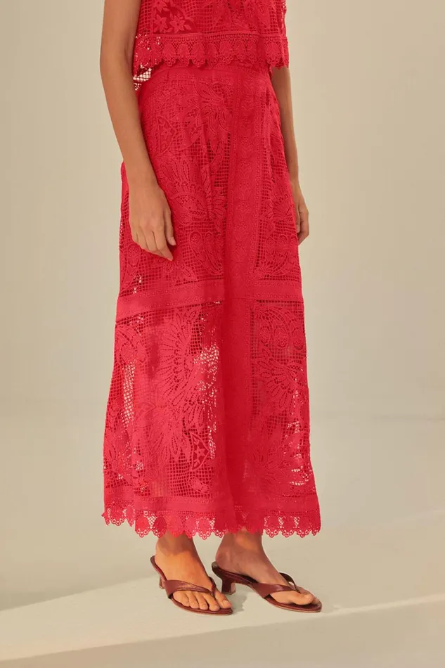 Women Red Toucan Guipure Midi Skirt Red FARM Rio Skirts