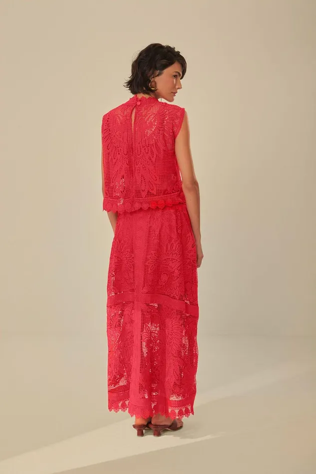 Women Red Toucan Guipure Midi Skirt Red FARM Rio Skirts