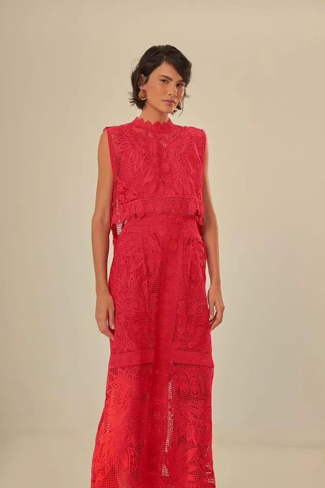 Women Red Toucan Guipure Midi Skirt Red FARM Rio Skirts