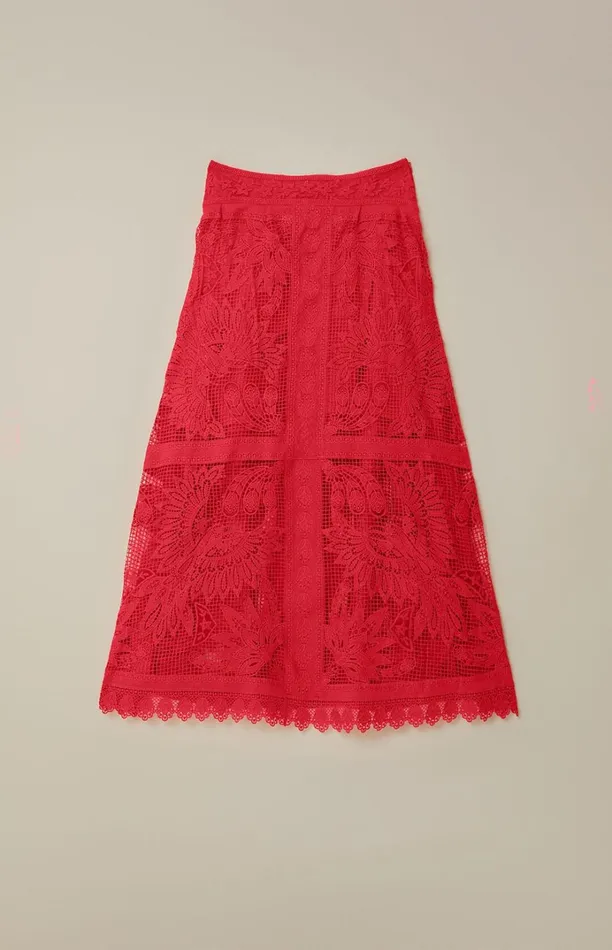 Women Red Toucan Guipure Midi Skirt Red FARM Rio Skirts