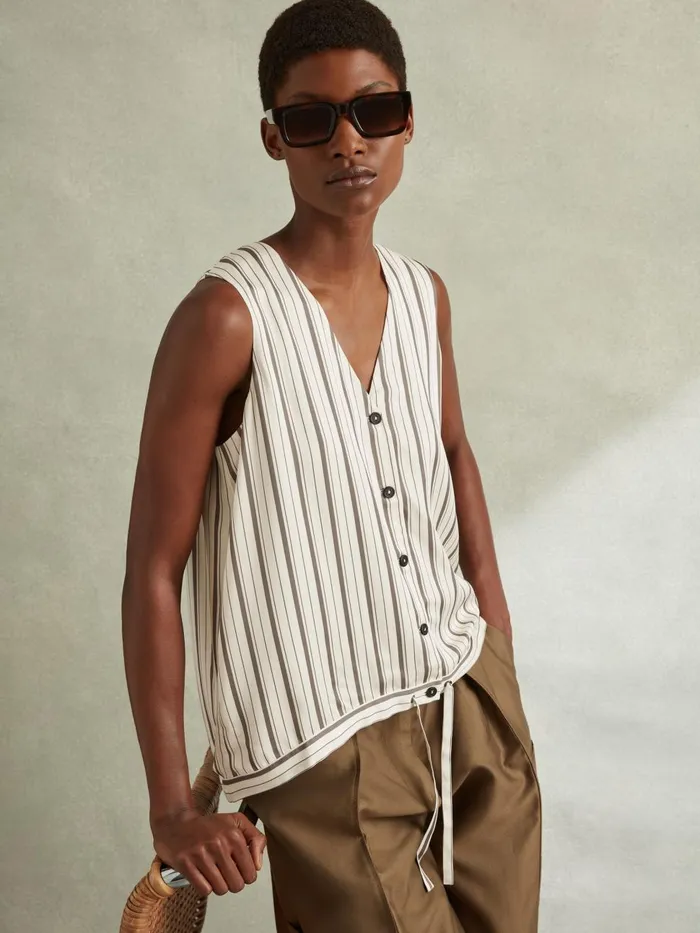 Women Reiss Blouses and Shirts Francie Striped Drawstring Hem Waistcoat Ivorygrey Women Reiss Blouses and Shirts Francie Striped Drawstring Hem Waistcoat Ivorygrey