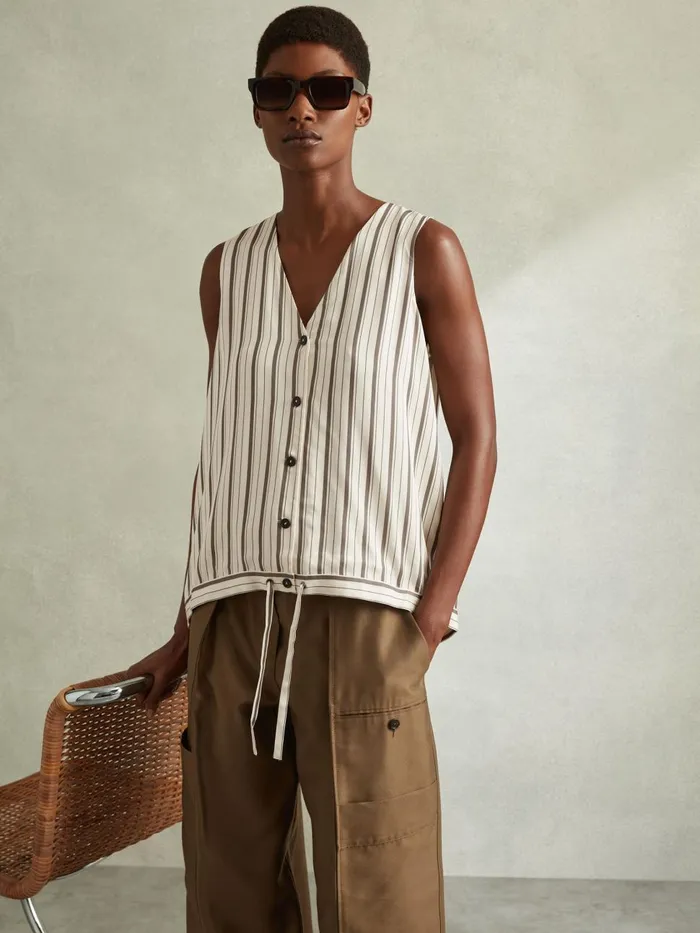 Women Reiss Blouses and Shirts Francie Striped Drawstring Hem Waistcoat Ivorygrey