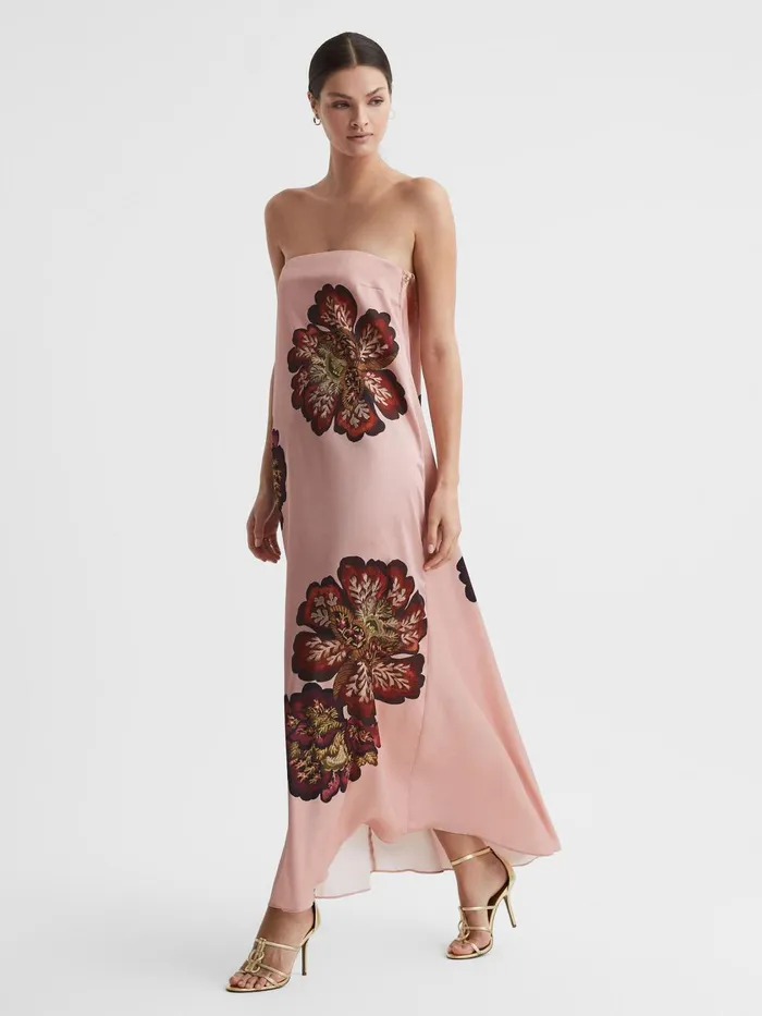 Women Reiss Brands Other Satin Floral Strapless Maxi Dress Rose Print