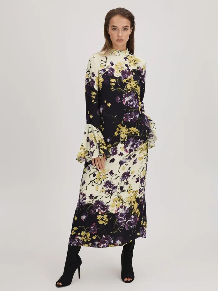 Women Reiss Brands Printed Fluted Cuff Midi Dress Multi