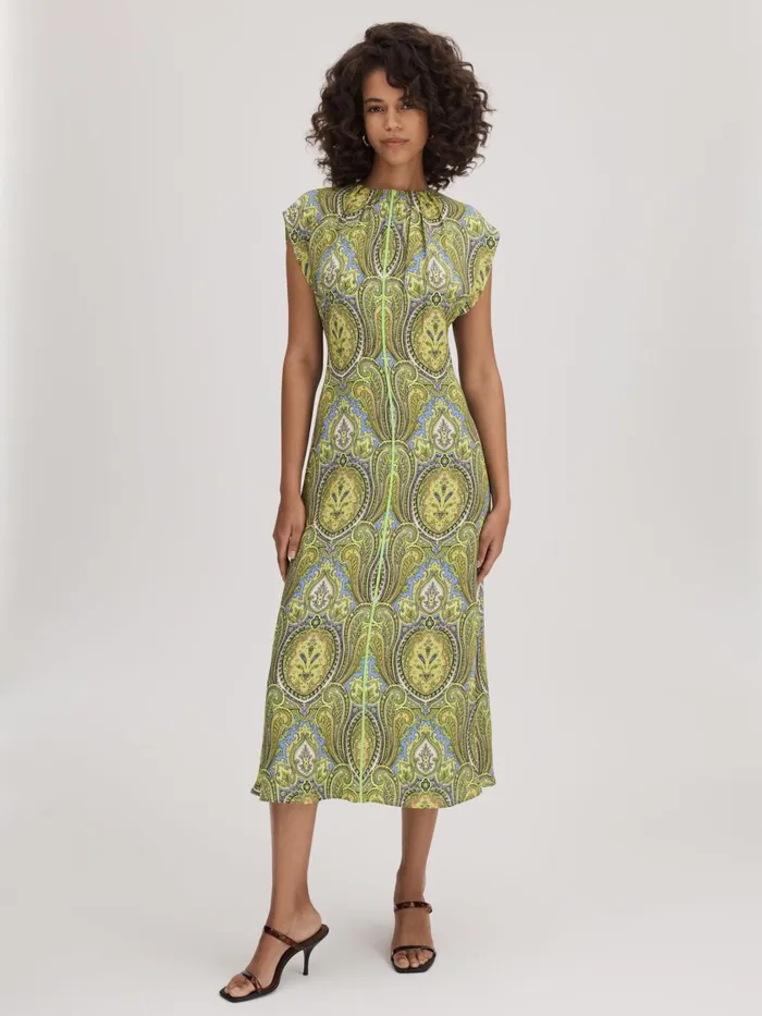 Women Reiss Brands Printed Tie Back Midi Dress Limegreen