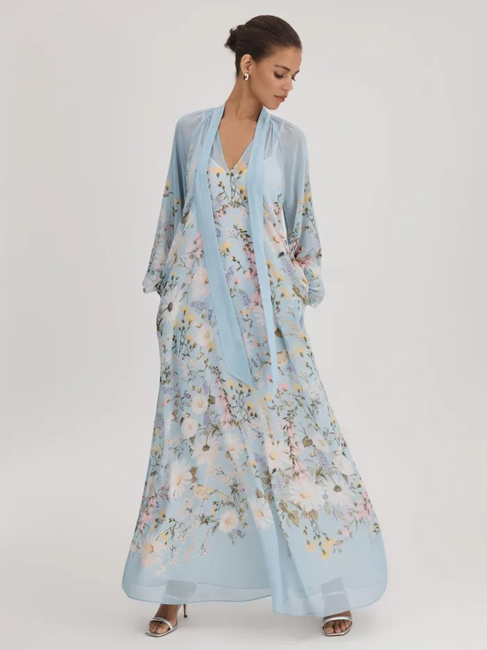 Women Reiss Brands Printed Tie Neck Maxi Dress Pale Blue