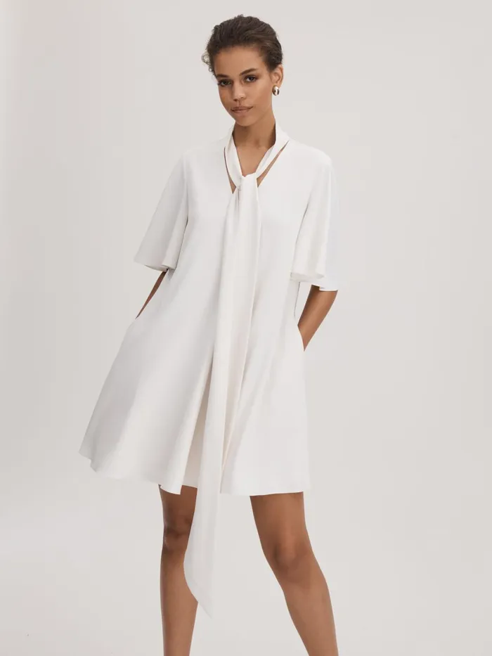 Women Reiss Brands Tie Neck Mini Dress Ivory