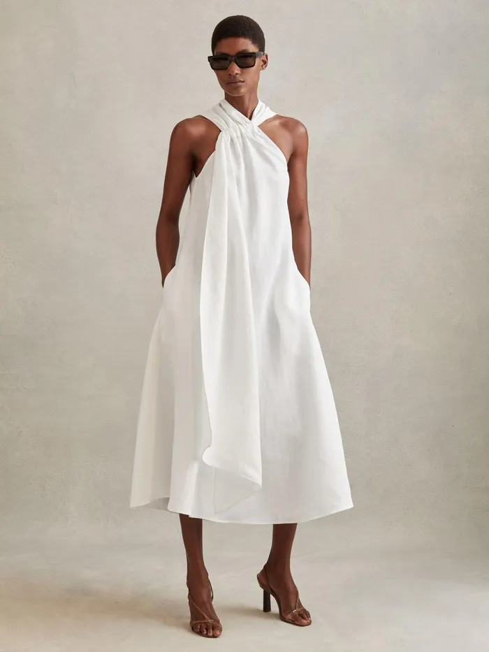 Women Reiss Dresses Cosette Linen Blend Drape Midi Dress White