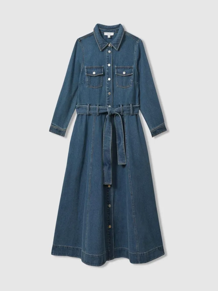 Women Reiss Dresses Elsa Belted Denim Midi Dress Indigo