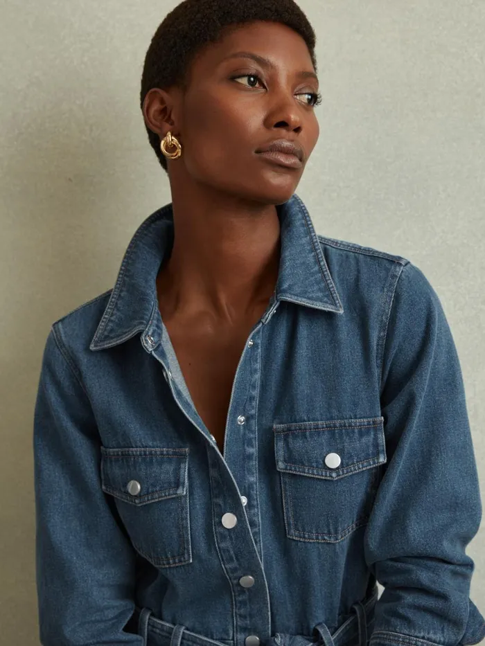 Women Reiss Dresses Elsa Belted Denim Midi Dress Indigo