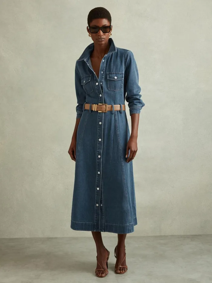Women Reiss Dresses Elsa Belted Denim Midi Dress Indigo