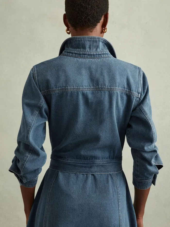 Women Reiss Dresses Elsa Belted Denim Midi Dress Indigo