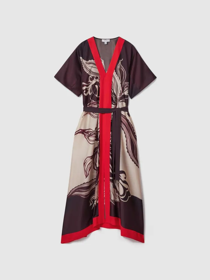 Women Reiss Dresses Hanna Printed Front Split Midi Dress Ivoryburgundy