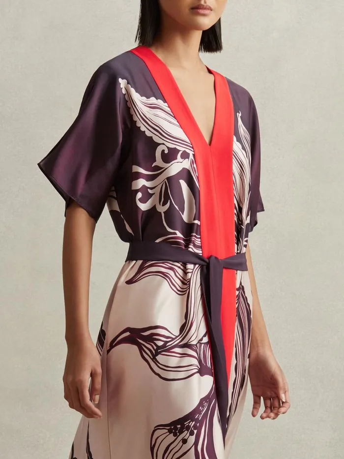 Women Reiss Dresses Hanna Printed Front Split Midi Dress Ivoryburgundy