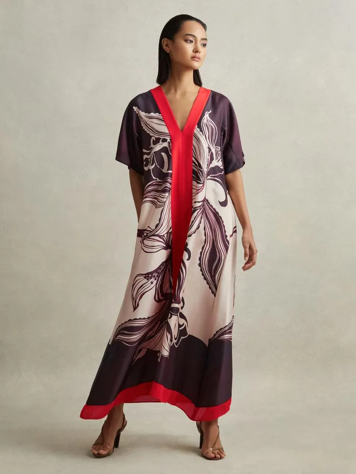 Women Reiss Dresses Hanna Printed Front Split Midi Dress Ivoryburgundy
