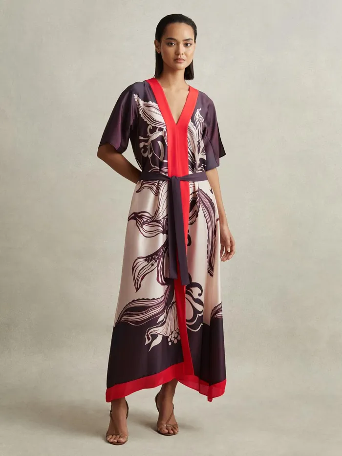 Women Reiss Dresses Hanna Printed Front Split Midi Dress Ivoryburgundy