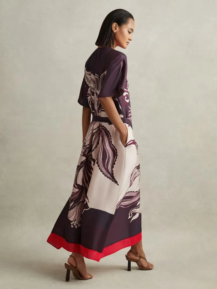 Women Reiss Dresses Hanna Printed Front Split Midi Dress Ivoryburgundy