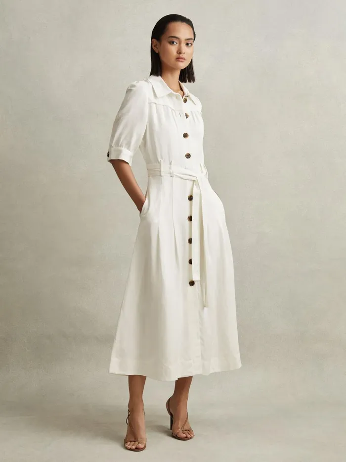 Women Reiss Dresses Malika Belted Cap Sleeve Midi Dress White