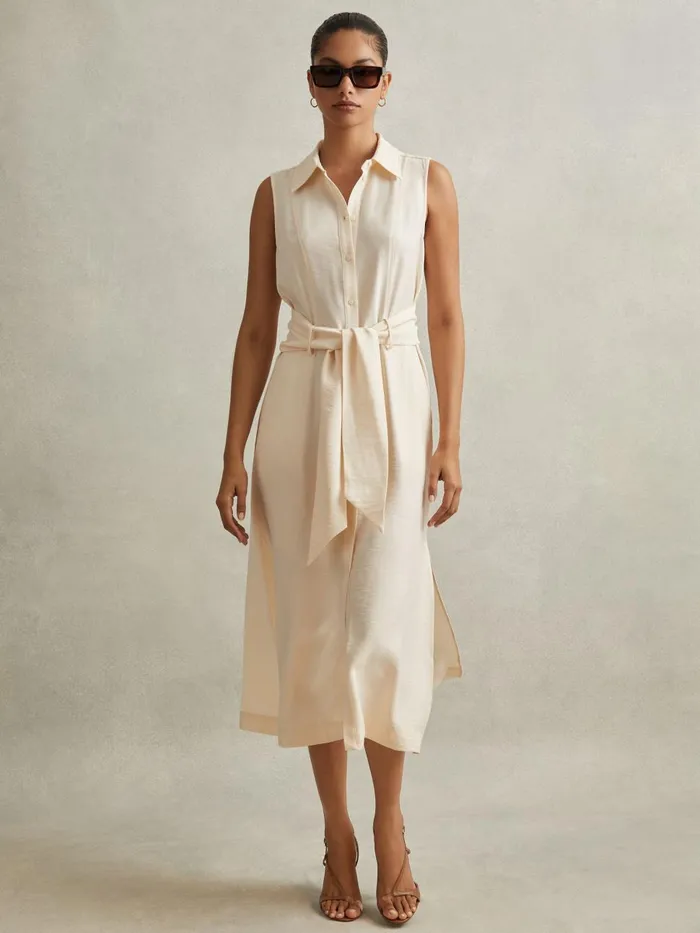 Women Reiss Dresses Morgan Viscose Blend Belted Shirt Dress Cream