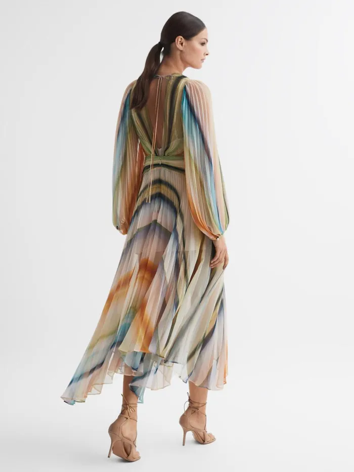 Women Reiss Dresses Sheer Asymmetric Midi Dress Watercolour Stripe