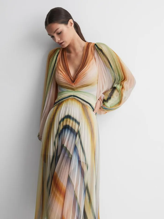 Women Reiss Dresses Sheer Asymmetric Midi Dress Watercolour Stripe