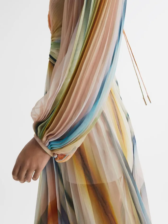 Women Reiss Dresses Sheer Asymmetric Midi Dress Watercolour Stripe
