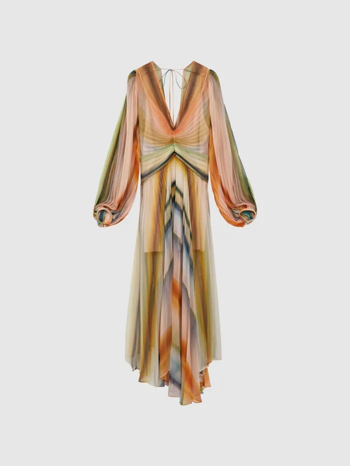 Women Reiss Dresses Sheer Asymmetric Midi Dress Watercolour Stripe