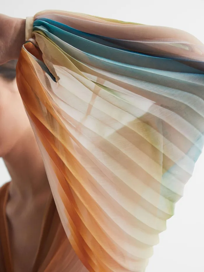 Women Reiss Dresses Sheer Asymmetric Midi Dress Watercolour Stripe