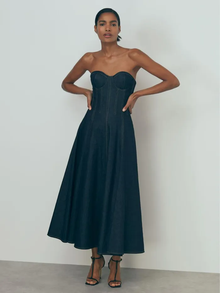 Women Reiss Dresses Strapless Denim Midi Dress Blue