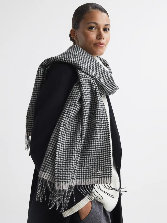 Women Reiss Hats Gloves and Scarves Victoria Wool Blend Dogtooth Embroidered Scarf Blackwhite