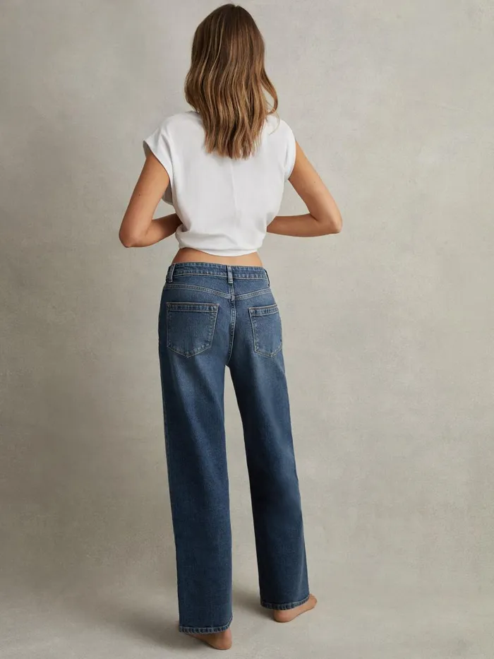 Women Reiss Jeans Selin Mid Rise Straight Leg Jeans Mid Blue