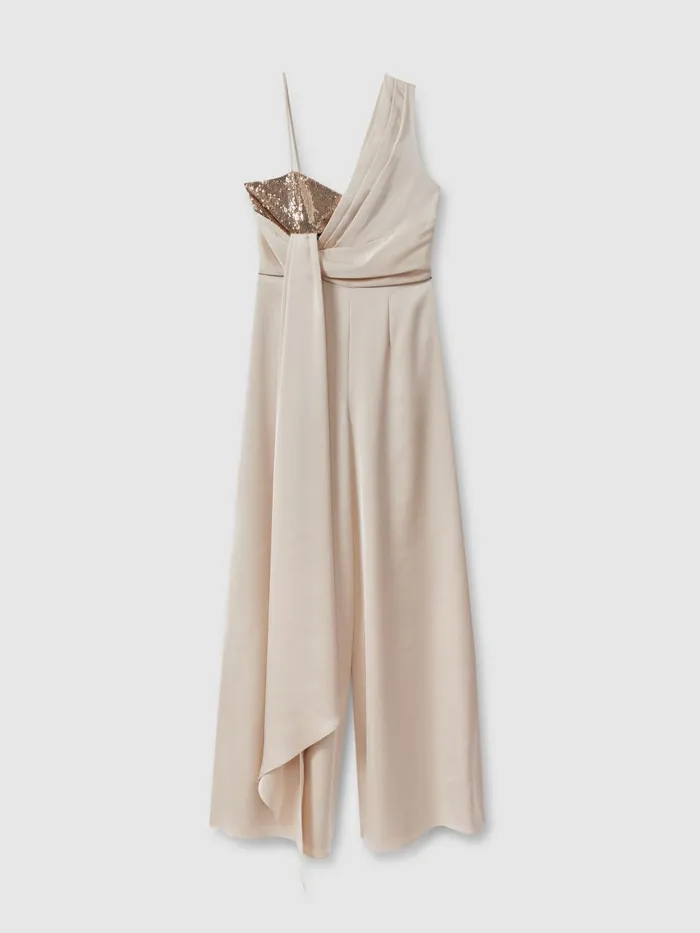 Women Reiss Jumpsuits and Playsuits Satin Sequin Wide Leg Jumpsuit Champagne