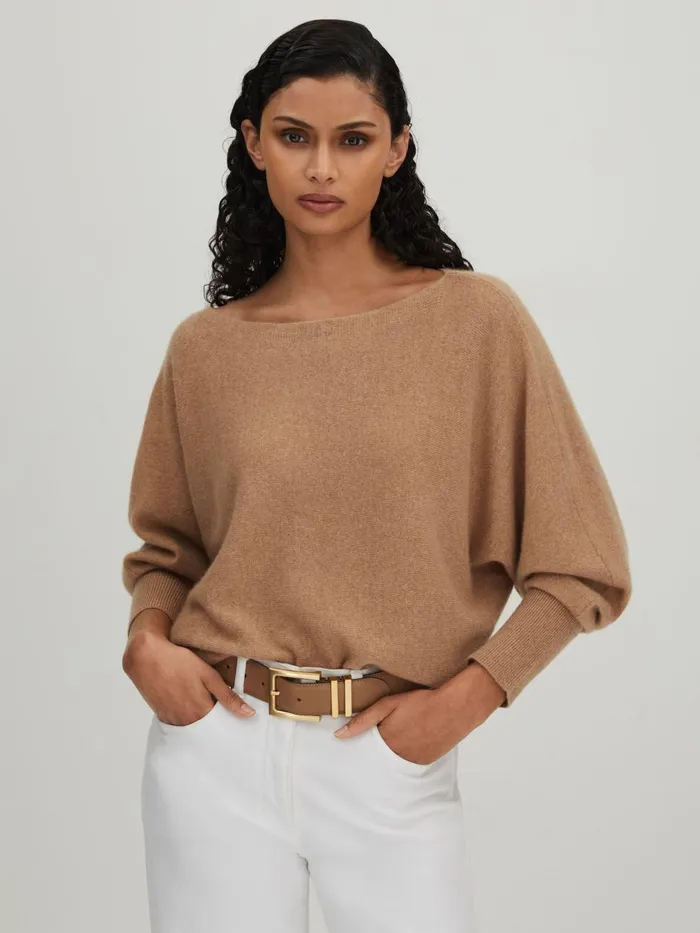 Women Reiss Knitwear Collection Cashmere Batwing Jumper Soft Camel