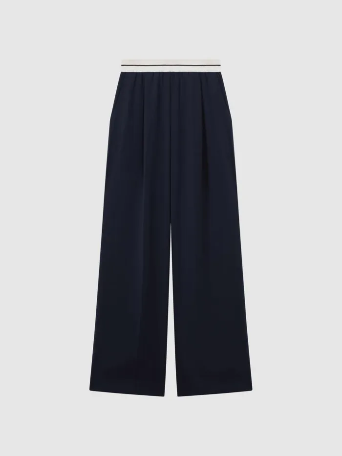 Women Reiss Pants Abigail Wide Leg Elasticated Trousers Navy