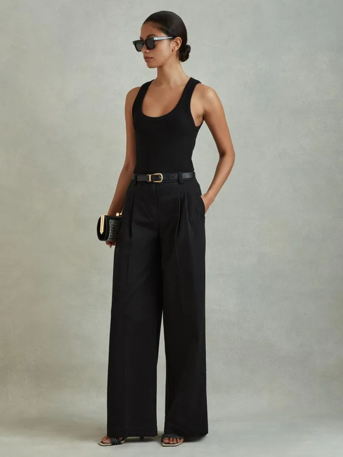 Women Reiss Pants Astrid Cotton Blend Wide Leg Trousers Washed Black