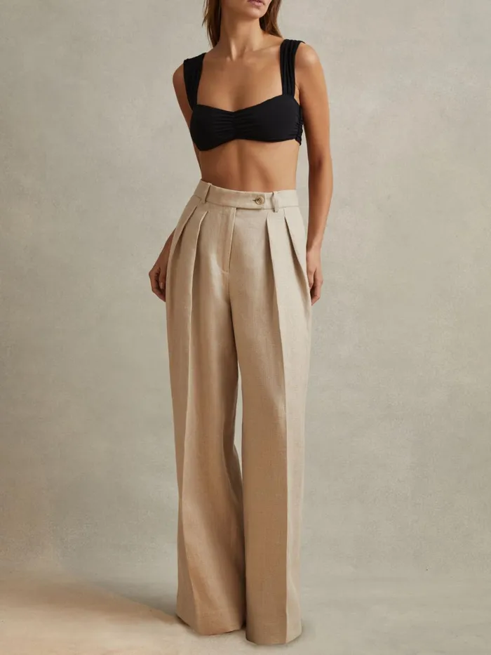Women Reiss Pants Cassie Linen Wide Leg Suit Trousers Natural